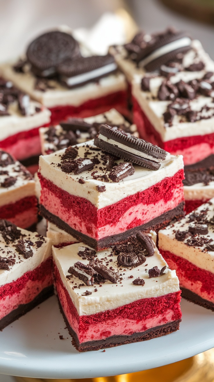 Red velvet Oreo cheesecake bars on a plate, garnished with crushed Oreos, showcasing their red layers and cheesecake filling.